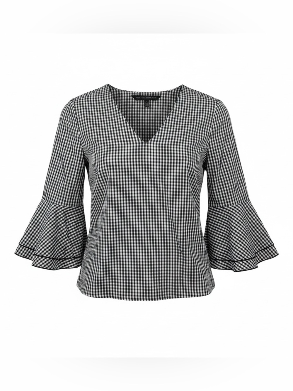 White House Black Market Black & White Gingham V-Neck Bell Sleeve Top
